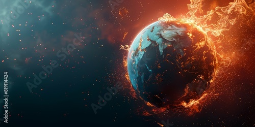 Planet Earth globe burning, destroyed by fire, conceptual illustration of global warming, temperature increase photo