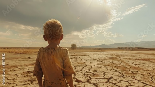 A lonely child in a dry place with no water to drink. photo