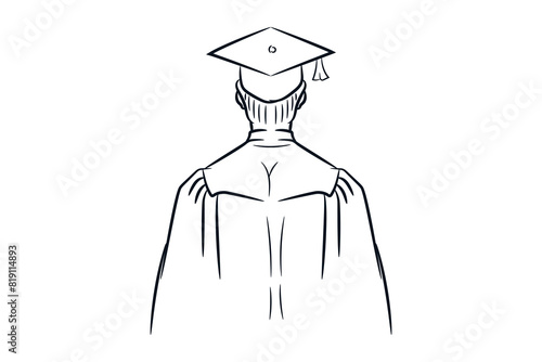Graduate student with graduation cap and gown, back view, hand drawn line drawing vector sketch illustration