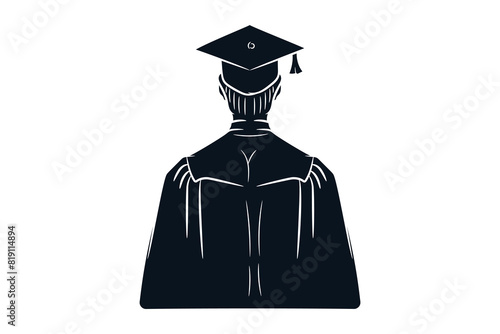 Graduate student with graduation cap and gown, back view, silhouette vector sketch illustration