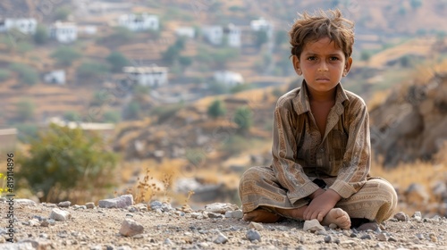 A lonely child in a dry place with no water to drink.
