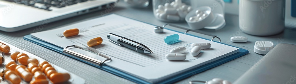Laptop, folder with essential papers, efficiencyfocused desk, notebook and pen, key medication, ample copy space 8K , high-resolution, ultra HD,up32K HD Laptop, folder with essential papers, efficiencyfocused desk, notebook and pen, key medication, ample copy space 8K , high-resolution, ultra HD,up32K HD