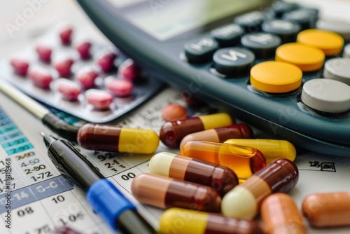 Assortment of pills, a calculator, a pen on financial spreadsheets, symbolizing healthcare costs.