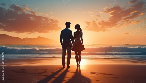 couple in love silhouettes against the backdrop of the sunset ocean.
