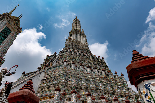 Pagoda of Wat Arun Temple in Bangkok City along Chao Praya river, one of the best Landmark for tourists and visitors. Beautiful travel attraction for holidays in Thailand. photo