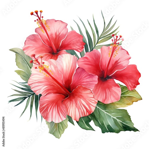 Aquarelle painting of three red hibiscus flowers with green leaves.