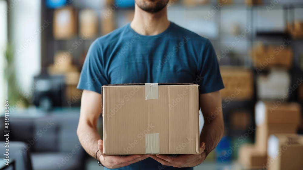 A man wearing a blue shirt stands holding a cardboard box.