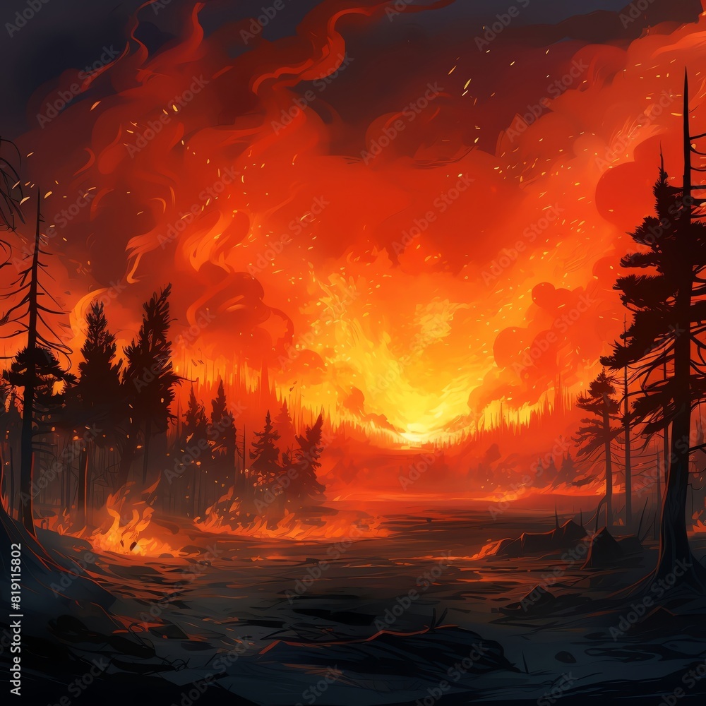 A painting of a forest fire A painting of a forest fire