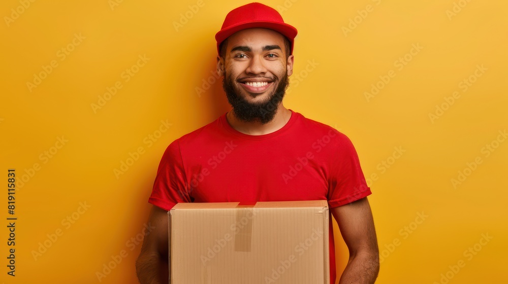 A man wearing a red shirt stands holding a cardboard box. A man wearing a red shirt stands holding a cardboard box.