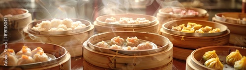 Dim sum selection in bamboo steamers, variety of dumplings, traditional Chinese teahouse, family gathering photo