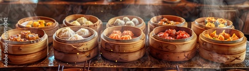 Dim sum selection in bamboo steamers, variety of dumplings, traditional Chinese teahouse, family gathering photo