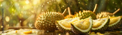 Durian, strongsmelling fruit, sliced open in a Malaysian fruit stall, vibrant tropical setting photo