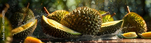 Durian, strongsmelling fruit, sliced open in a Malaysian fruit stall, vibrant tropical setting photo