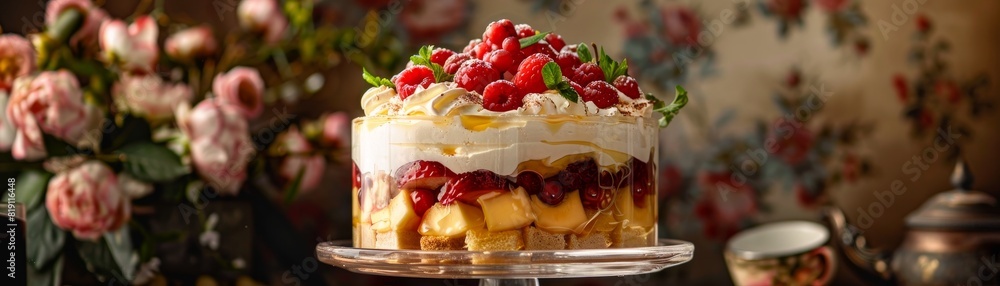 English trifle, layers of sponge, fruit, custard, and cream, tall glass bowl, elegant afternoon tea setting, softfocus background with floral patterns English trifle, layers of sponge, fruit, custard, and cream, tall glass bowl, elegant afternoon tea setting, softfocus background with floral patterns