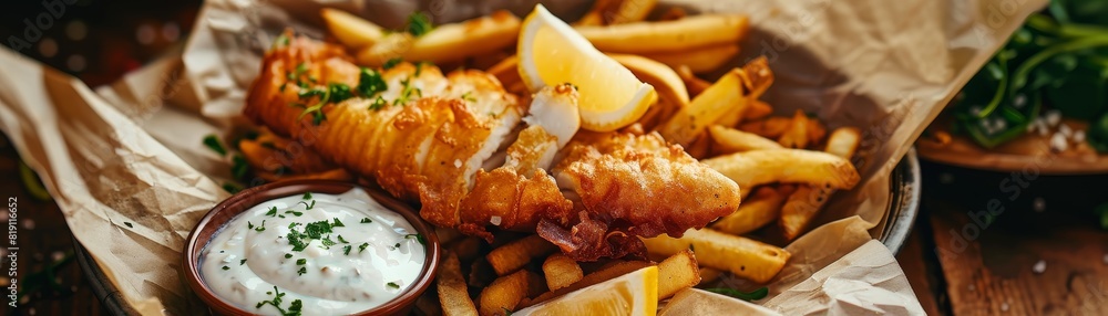 Fish and chips, crispy battered fish with golden fries, served with tartar sauce and lemon wedges, British pub near the seaside Fish and chips, crispy battered fish with golden fries, served with tartar sauce and lemon wedges, British pub near the seaside