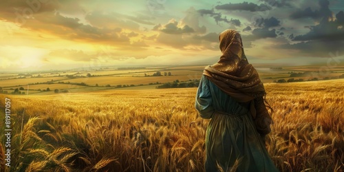 Historical Woman Gazing Over Fields.