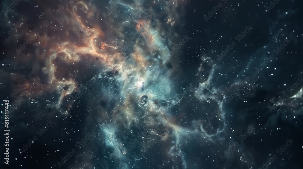 Abstract image of a starry night sky with swirling nebulae in shades of blue, orange, and black, creating a mesmerizing and ethereal cosmic scene Abstract image of a starry night sky with swirling nebulae in shades of blue, orange, and black, creating a mesmerizing and ethereal cosmic scene