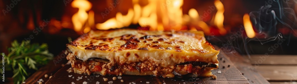 Greek moussaka, layers of eggplant and minced meat, bubbling with bechamel sauce, old stone oven setting, rustic Mediterranean tavern Greek moussaka, layers of eggplant and minced meat, bubbling with bechamel sauce, old stone oven setting, rustic Mediterranean tavern