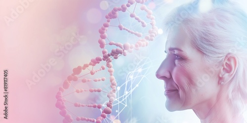 Profile of a mature woman with a DNA double helix structure in the background, creating a concept of genetics and aging in a soft pastel color scheme