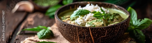 Green curry with chicken, served in a coconut bowl, surrounded by jasmine rice and fresh basil leaves, soft natural lighting