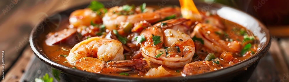Gumbo, rich and hearty with seafood and sausage, served in a deep bowl, New Orleans jazz bar background Gumbo, rich and hearty with seafood and sausage, served in a deep bowl, New Orleans jazz bar background