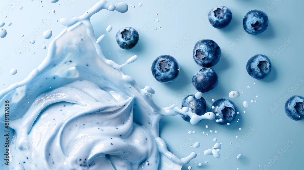 Blueberries falling into yoghurt creating splash and droplets