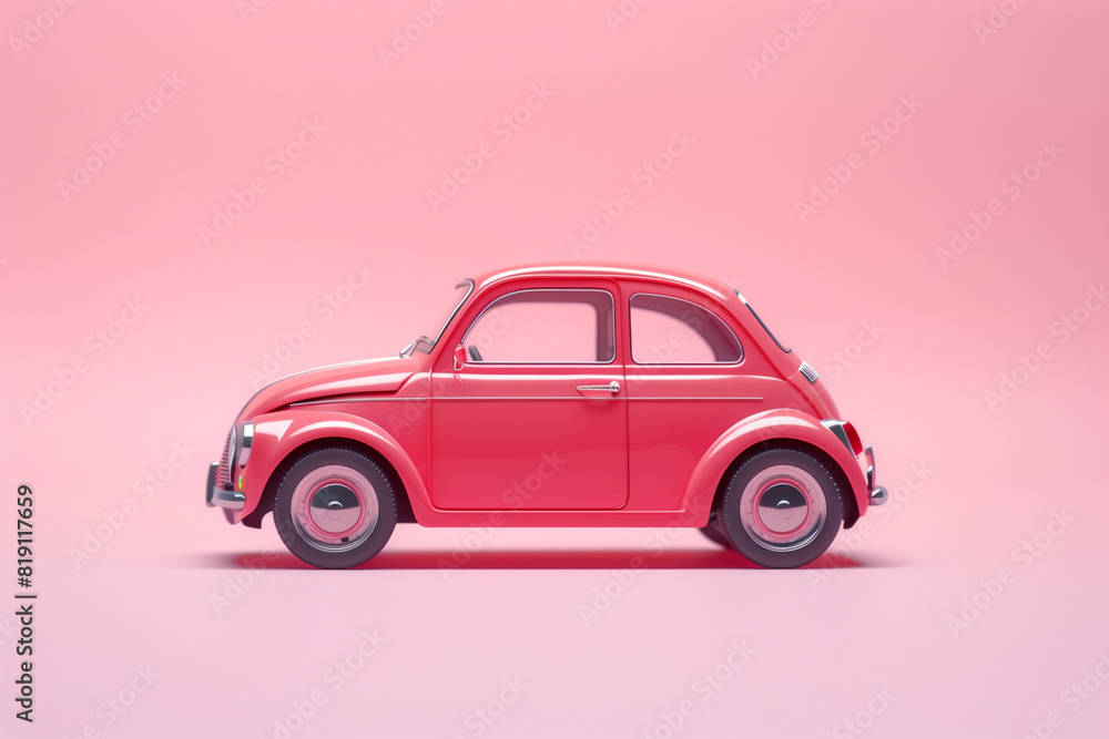 Miniature pink car on a pink background. Buying a car, new car. Miniature pink car on a pink background. Buying a car, new car.