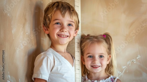 A Boy and Girl Measuring Height photo