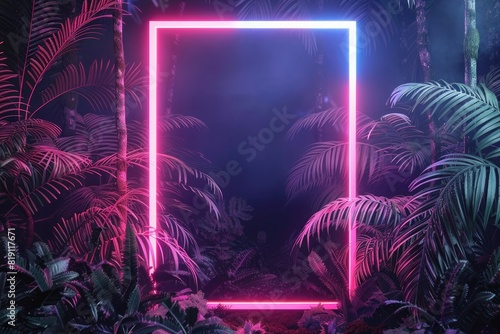 3d render of rectangle frame in jungle with ferns, neon light effect, dark background, close up