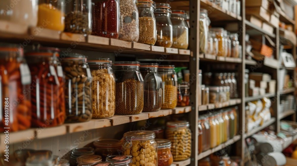 Home interior design, shelves and food storage space in the house, pantry organization.