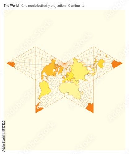 World Map in Gnomonic butterfly projection. High detail vector illustration featuring continents, ideal for infographics, education, reports, and presentations.
