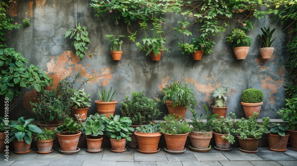 The walls are decorated with potted plants