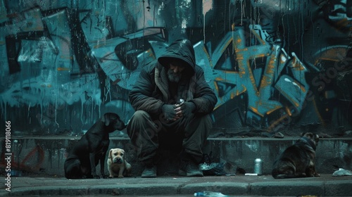 Homeless people beggar with Dogs, hungry homeless begging for help food and money, Problems of big modern cities © Vladyslav  Andrukhiv