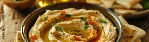 Hummus plate, creamy dip served with olive oil and pita bread, Israeli family gathering