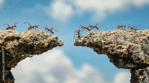 Macro shot of ants on two separate rocky cliffs with a blue sky background, symbolizing teamwork, nature, and overcoming obstacles. photo