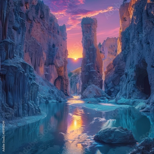 Stunning photo of an underground canyon with walls carved from blue and green rocks, reflecting the colors of dawn. towering rocks that create arches, ravines and surreal landscapes. photo