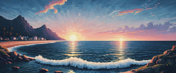 Fototapete Nautischer Stil Mosaik Sonnenuntergang am Meer  © DIVGRADCURL