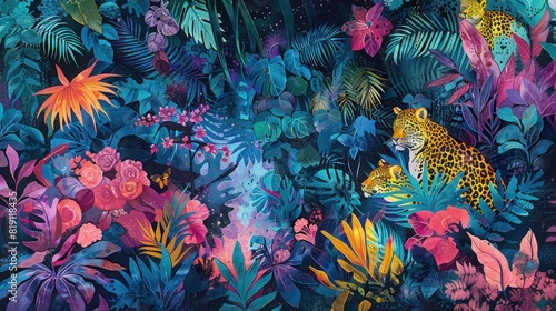 Colorful wild tigers appear among the tropical foliage.