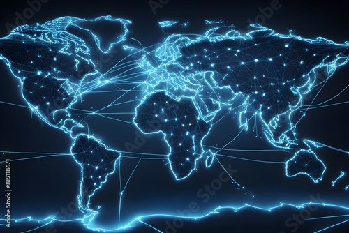 Global network connectivity depicted as a stylized data map. Technology data background