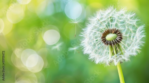 Close-up of a dandelion seed head against a bright green and yellow bokeh background  capturing the delicate beauty of nature in spring.