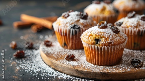 Homemade muffins with raisins and sugar powder on a dark background