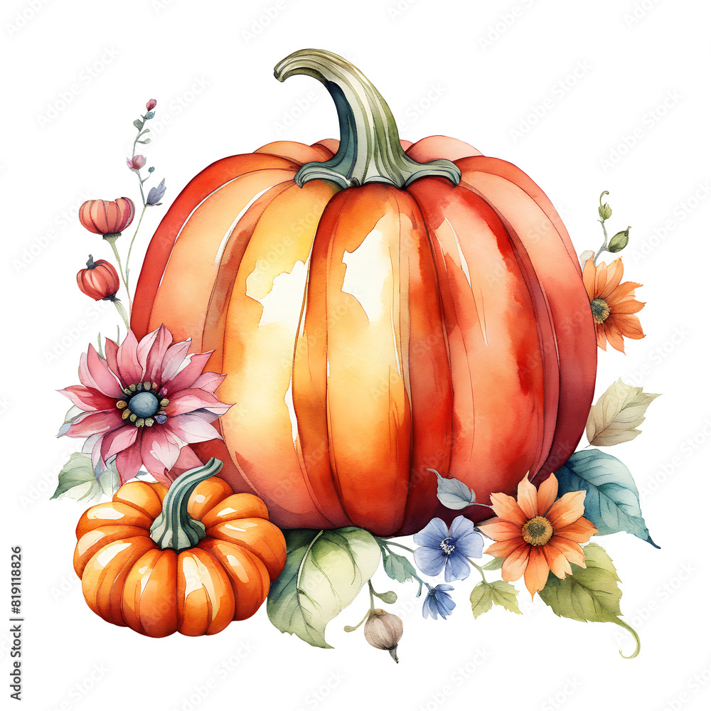 Watercolor bright pumpkins with flowers and leaves. Png isolated ...