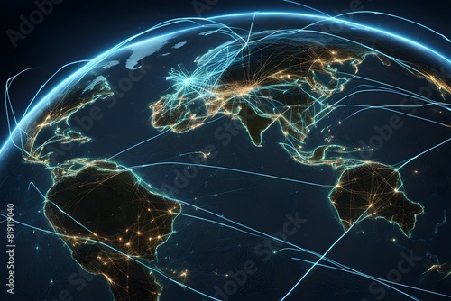 Global network connectivity depicted as a stylized data map. Technology data background