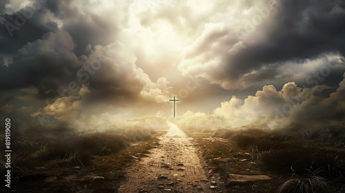 A dramatic path leading to a cross under a cloudy sky, illuminated by a bright light, symbolizing hope and spirituality.