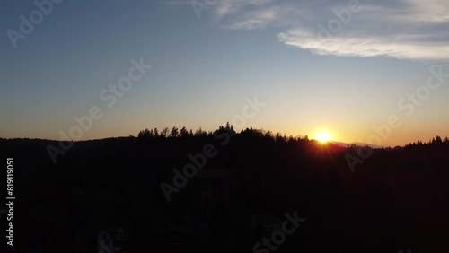 Wallpaper Mural Lake Arrowhead Drone Shot of Sunset against Silhouette Forrest Trees with Blue and Orange Sky in the San Bernardino Mountains California  Torontodigital.ca