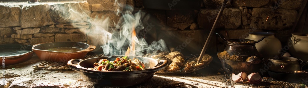 Maltese rabbit stew, traditional ceramic pot, rustic stone kitchen of a farmhouse, late afternoon light casting shadows Maltese rabbit stew, traditional ceramic pot, rustic stone kitchen of a farmhouse, late afternoon light casting shadows