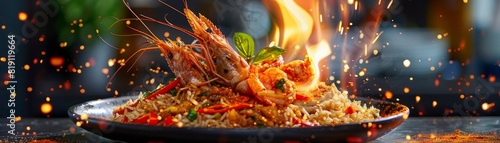 Nasi goreng, Indonesian fried rice with chicken and prawns, tropical beachside eatery photo