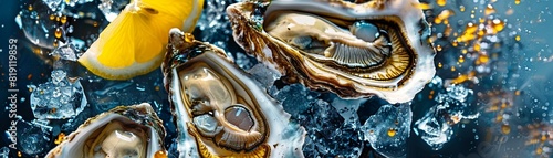 Oysters on the half shell, served with lemon and mignonette sauce, chic Parisian seafood bar photo