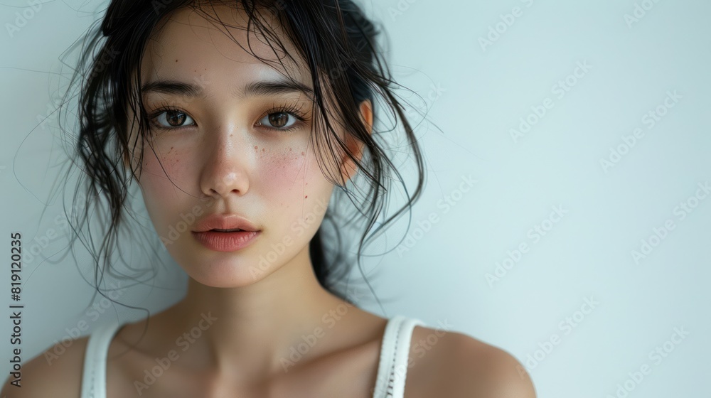 Beautiful Japanese woman wearing a white tank top, white background Beautiful Japanese woman wearing a white tank top, white background