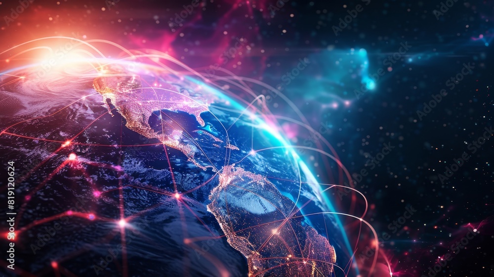 Illuminated Global Data Network - Earth Globe with Luminous Pathways Connecting Continents in Vibrant High-Tech Design for Communication Concept. Illuminated Global Data Network - Earth Globe with Luminous Pathways Connecting Continents in Vibrant High-Tech Design for Communication Concept.